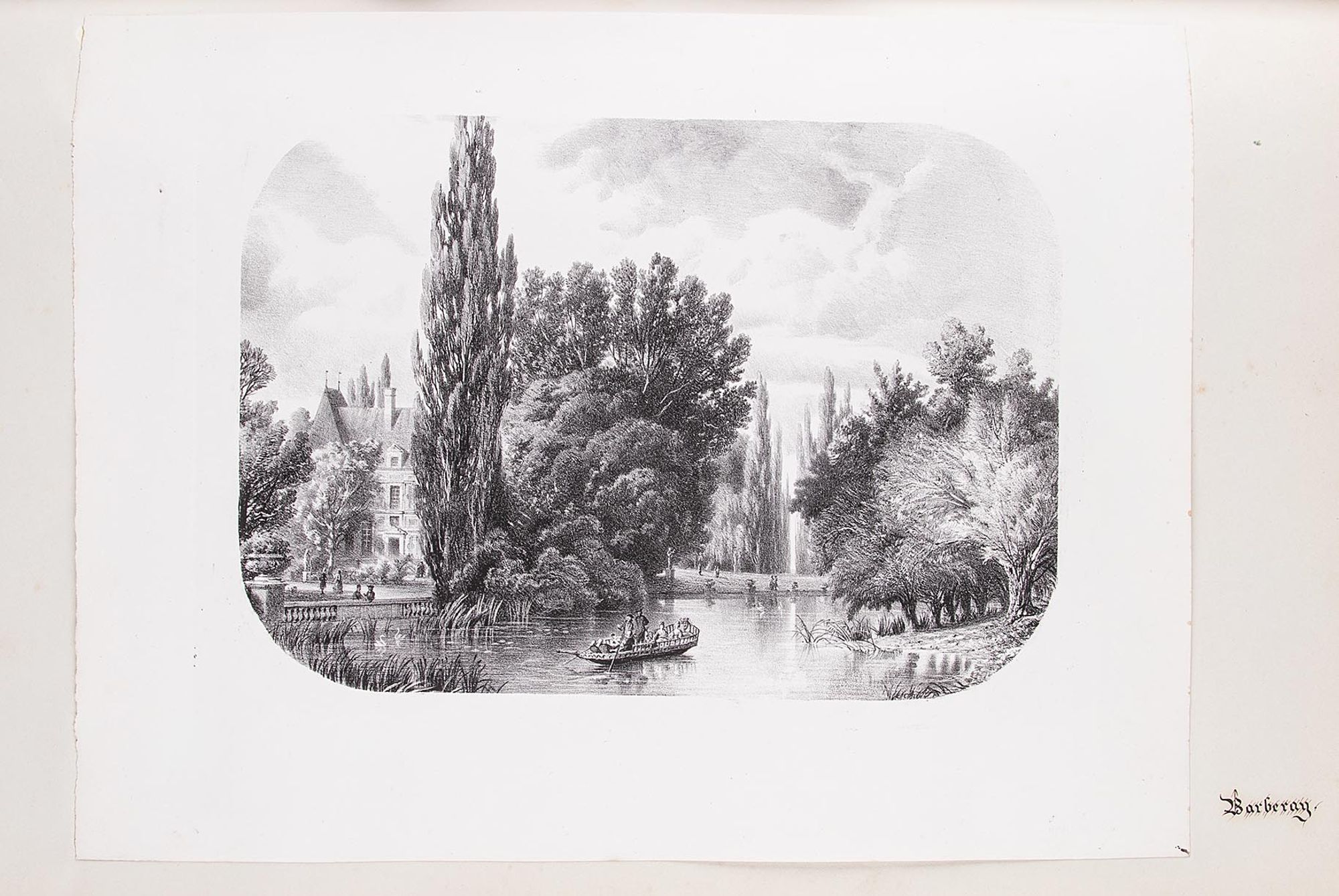 Lithographie. Une barque sur la Seine. À l'arrière-plan, une partie des jardins et la façade arrière du château de Barberey-Saint-Sulpice.
