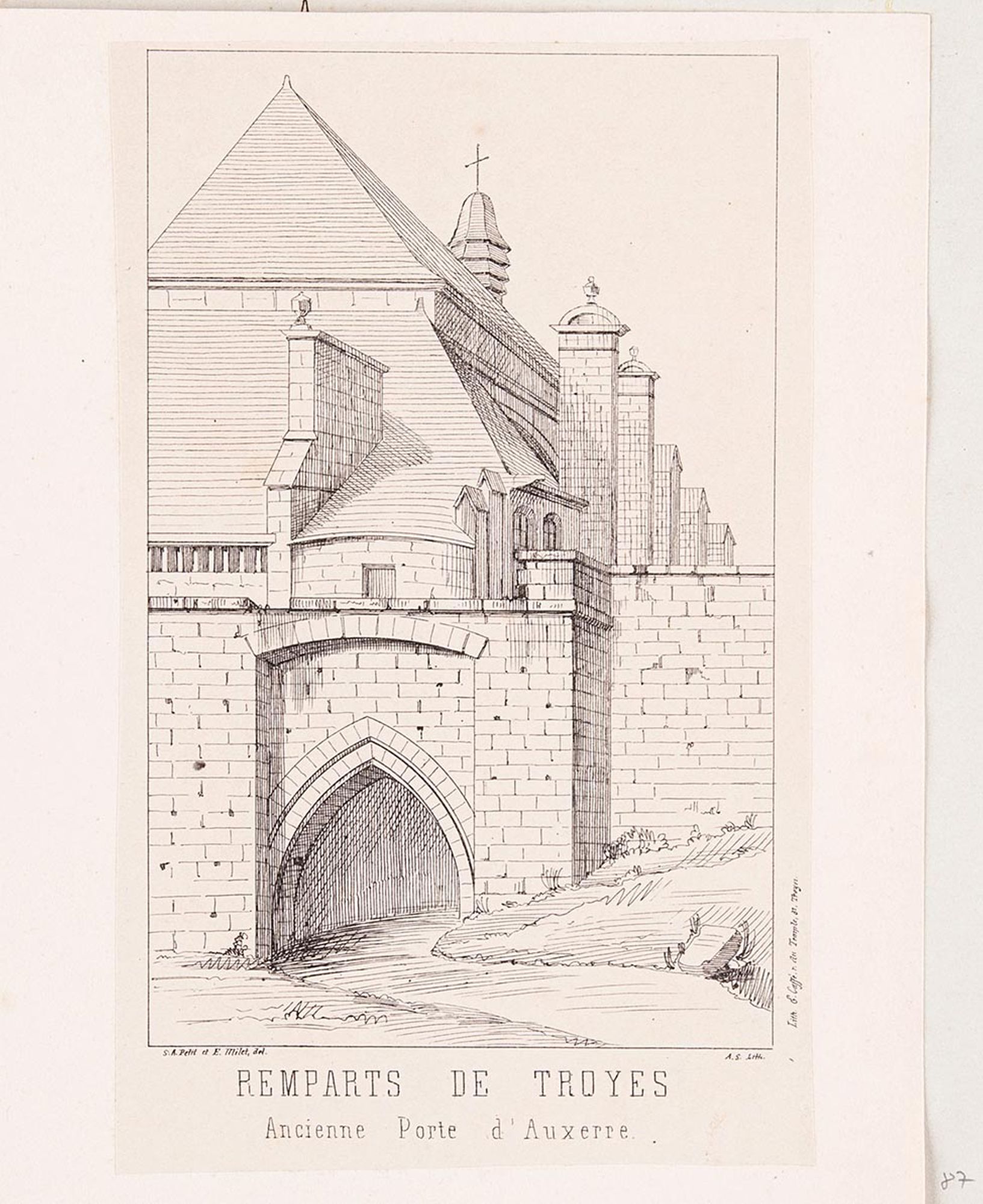 Lithographie. « Remparts de Troyes. Ancienne porte d'Auxerre ».