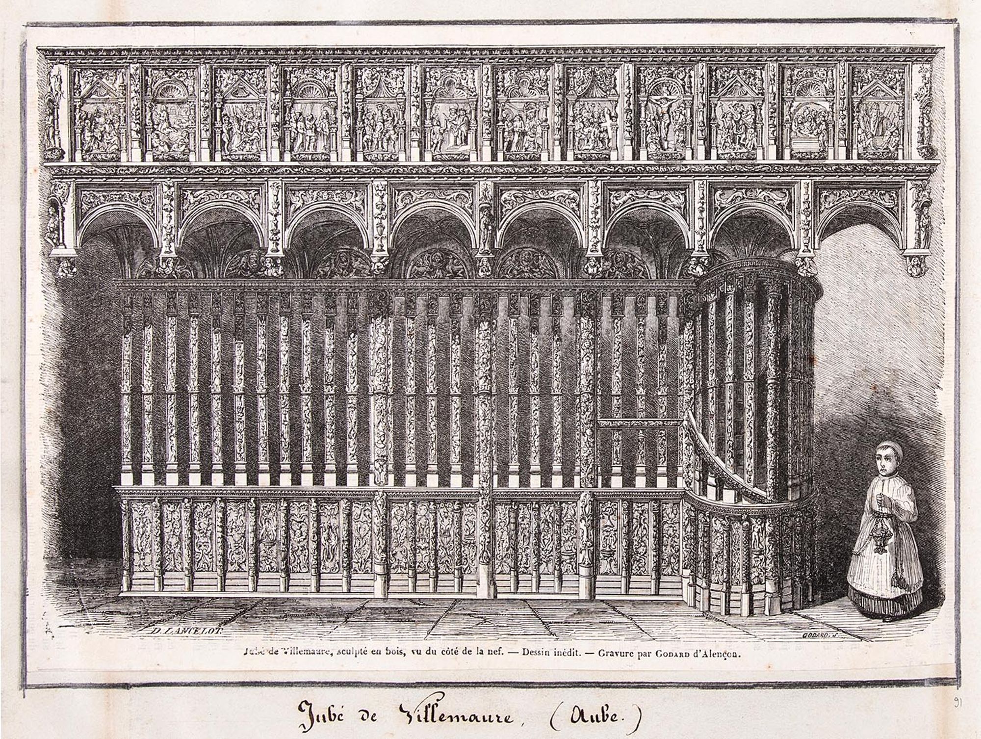 Lithographie. «Jubé de Villemaur, sculpté en bois, vu du côté de la nef. - Dessin inédit. - Gravure par Godard d'Alençon ».