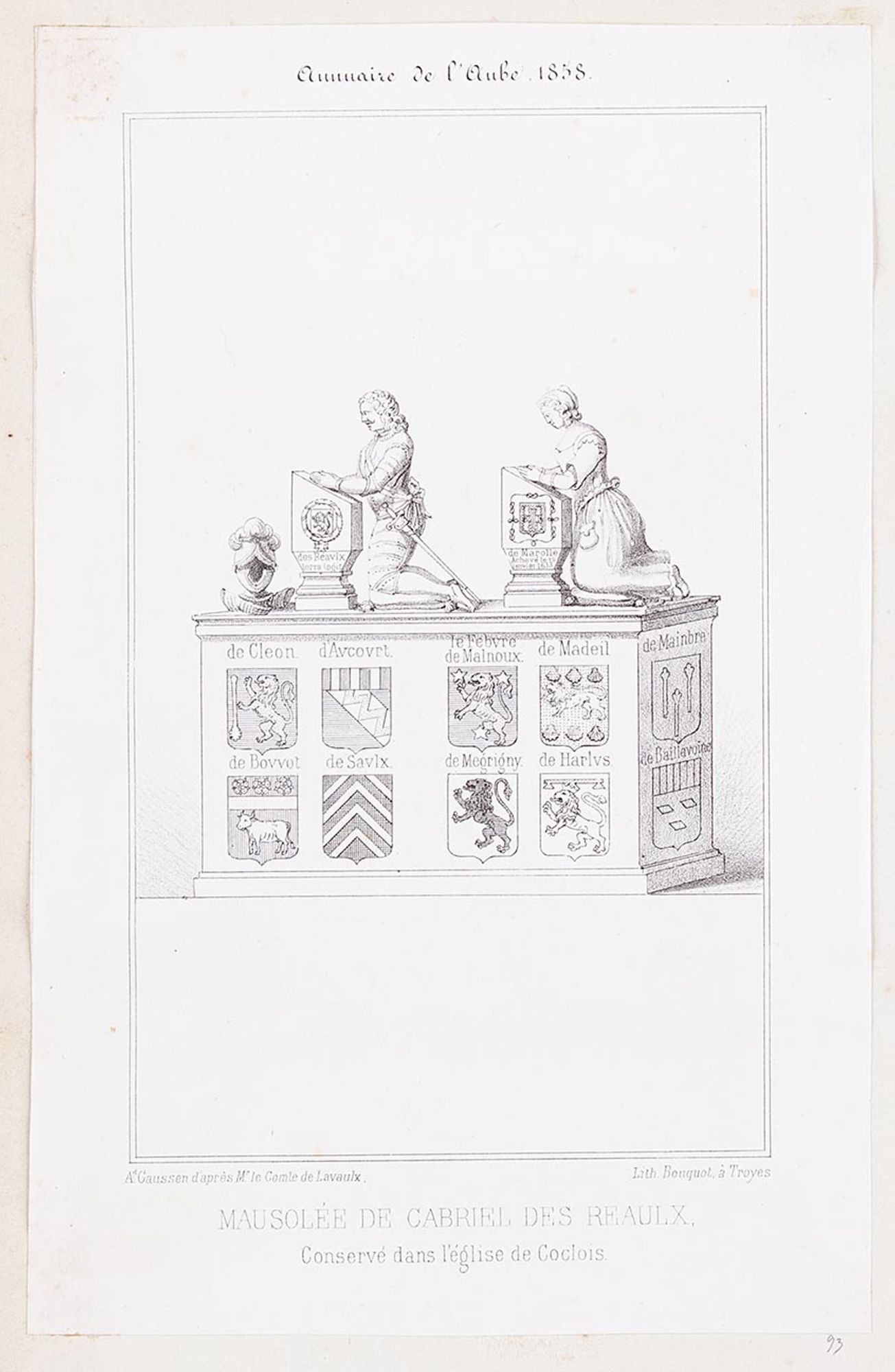 Lithographie. « Mausolée de Gabriel des Reaulx conservé dans l'église de Coclois ». Extrait de l'Annuaire de l'Aube, Troyes, 1858.