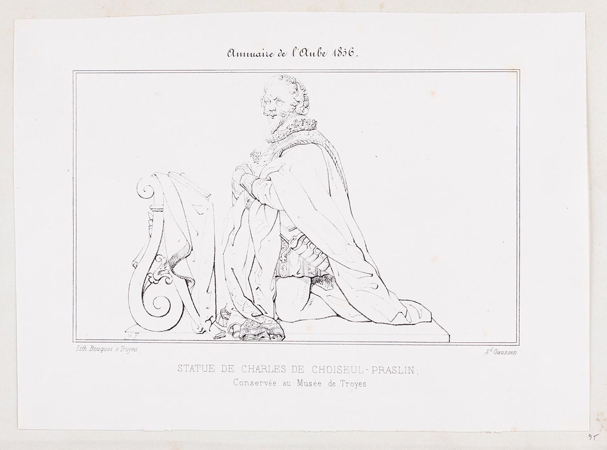 Lithographie. « Statue de Charles de Choiseul-Praslin conservée au musée de Troyes ». Extrait de l'Annuaire de l'Aube, Troyes, 1856.