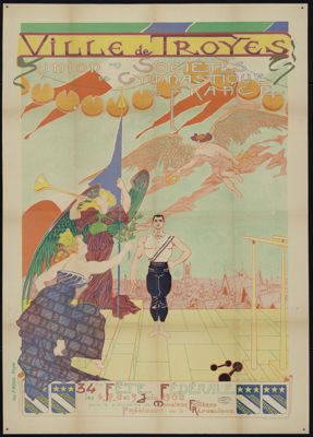 Affiche pour la 34ème Fête fédérale de gymnastique 1908 organisée par l'Union des sociétés de gymnastique de France (cote 1 FiT 852).