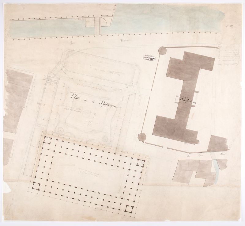 Plan de proposition d’aménagement de la place de la préfecture dans le cadre de l’exposition de Troyes de 1860, Archives municipales déposées par la ville de Troyes, 4 FiT 1189.