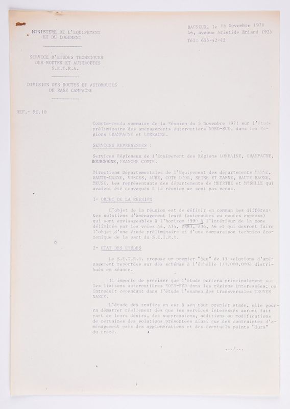 1673 W 1 : compte rendu de la réunion du 5 novembre 1971 sur l'étude préliminaire des aménagements autoroutiers.
