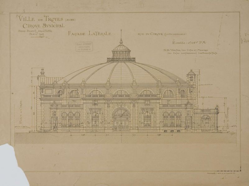 Plan de la façade latérale du Cirque municipal (1902)