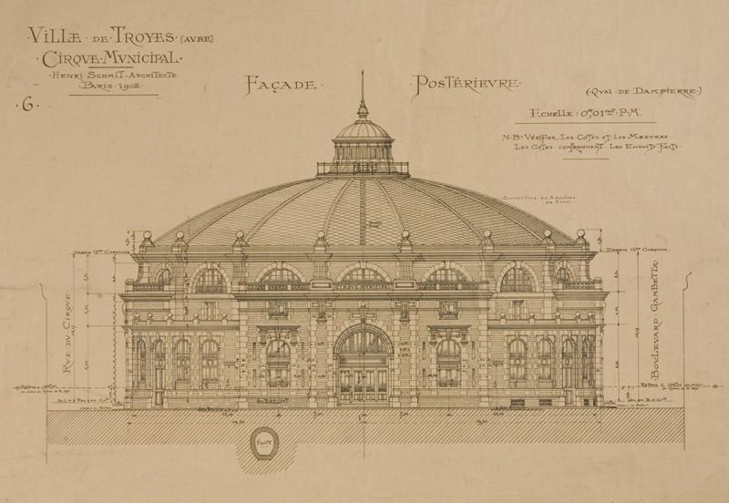 Plan de la façade postérieure du Cirque municipal (Non coté, ancienne cote : 4M592, 1902)